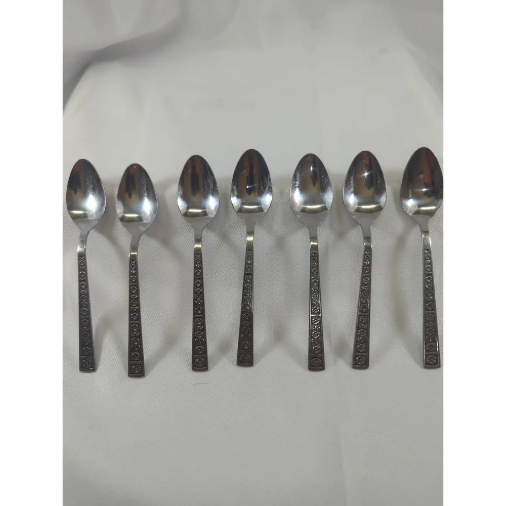 7 Vintage Imperial Serta Korea Floral Flatware Stainless Silverware Spoons